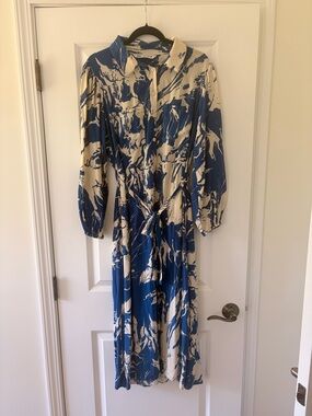 Zara Blue and Cream Abstract Button-Up Maxi Dress